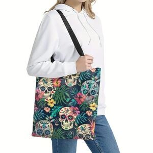 tropical Sugar skull floral tote bag